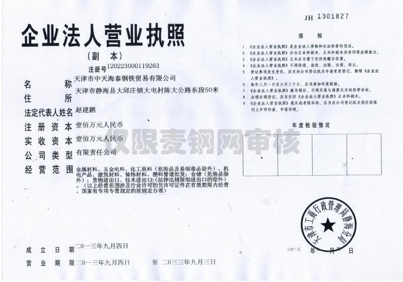 天津市中天海泰钢铁贸易有限公司营业执照